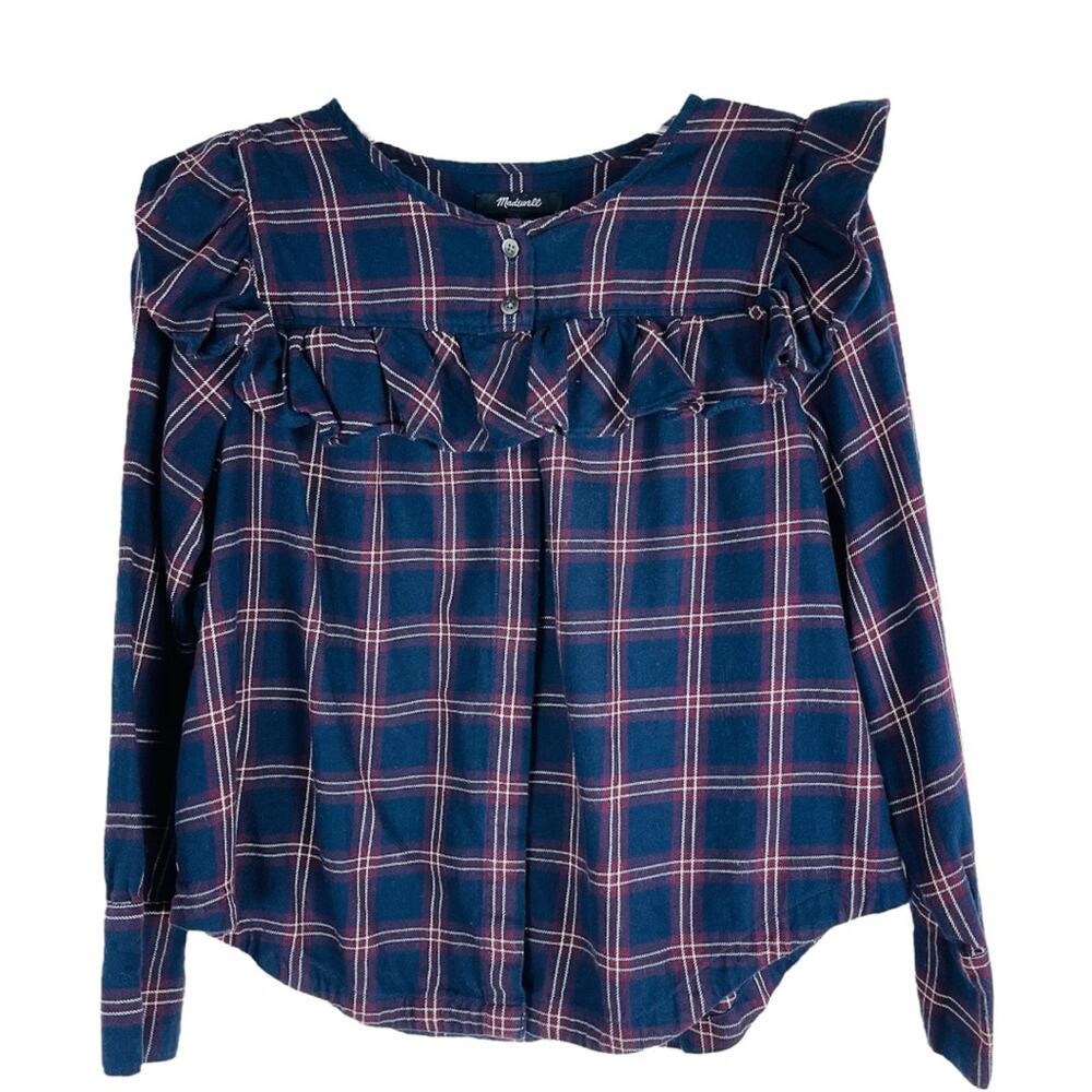 Madewell blue burgundy plaid flannel ruffle button front shirt oversized small